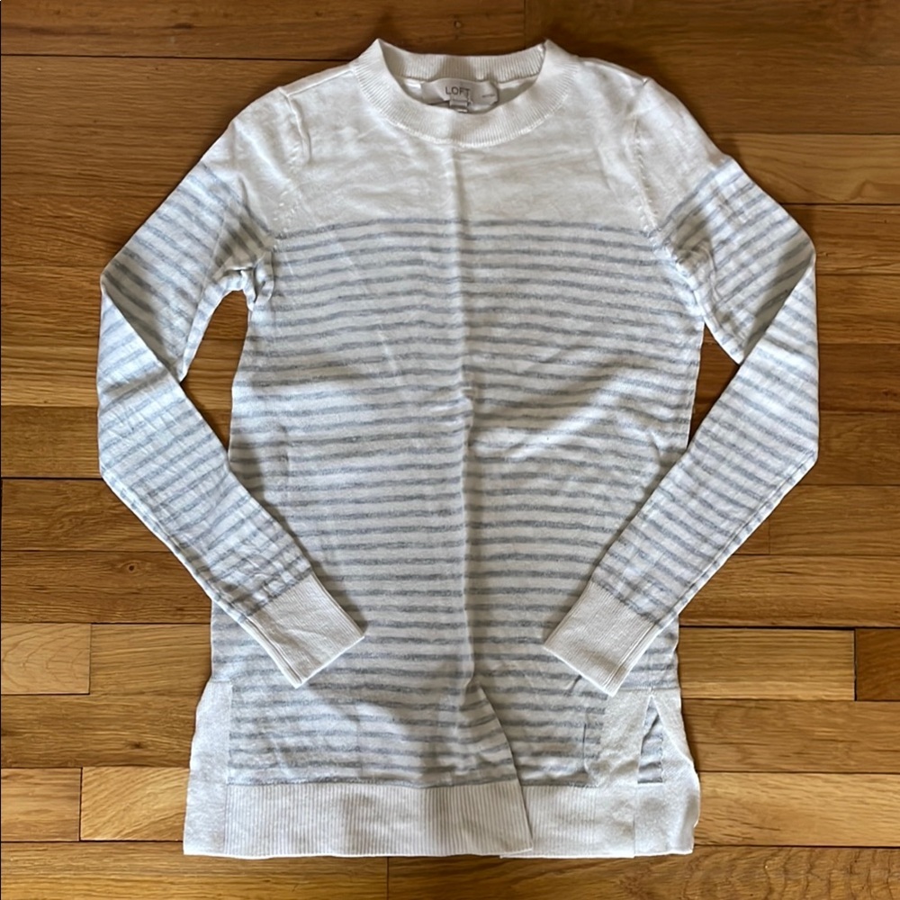 LOFT White and Gray Striped Long Sleeve Tee
